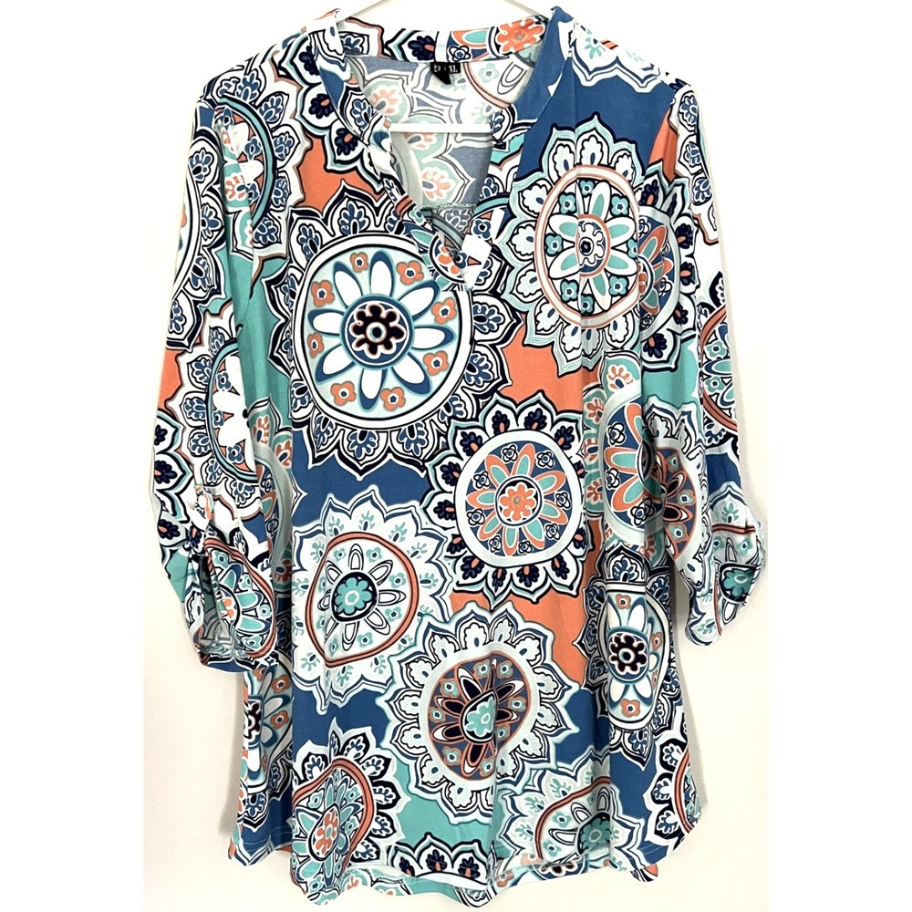 Zattcas Shirt Womens XL Blue Coral Mandala Print Tunic 3/4 Sleeve V Neck ZA117